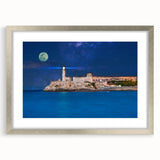 Extra large abstract art print of Caribbean scenery in muted blue and green tones, framed in silver.