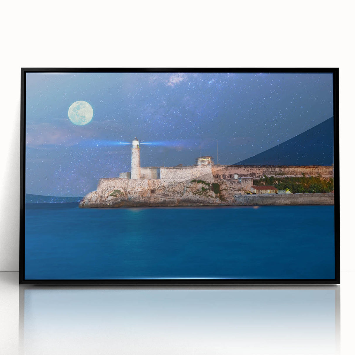 Large abstract wall art depicting a Caribbean scenery in Puerto Rico, framed in black acrylic.