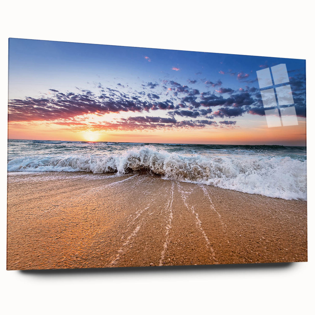 Large abstract wall art of a Caribbean scenery, muted blue and green palette on acrylic glass.