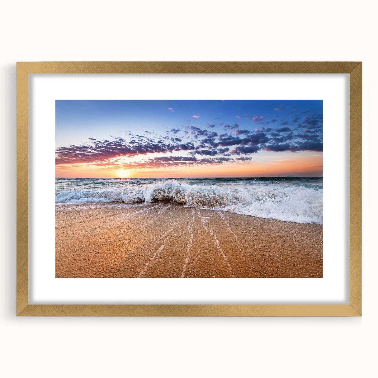 Abstract art print of Caribbean scenery in muted blue and green tones on a framed gold mat.