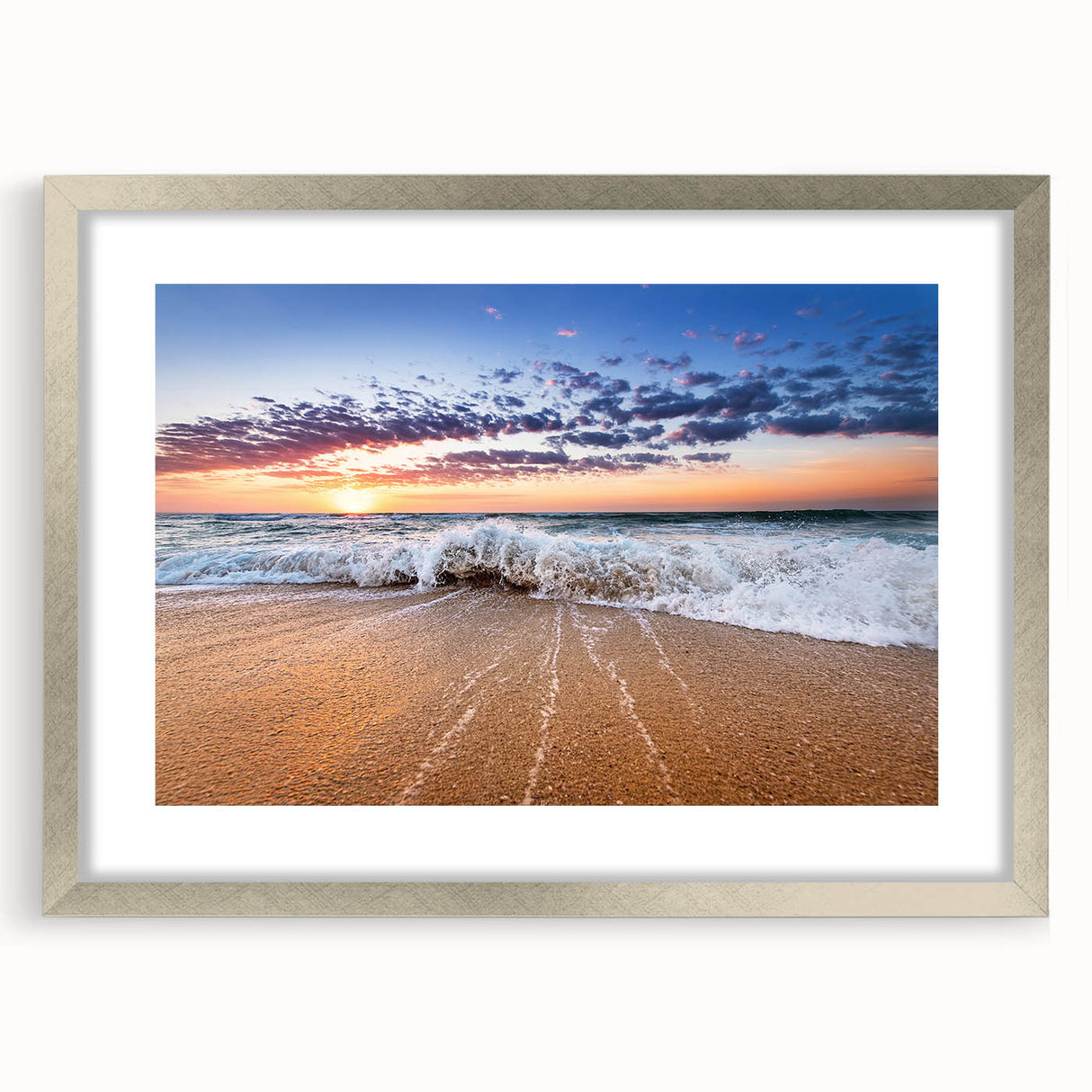 Extra large abstract art print of Caribbean scenery in silver frame, featuring vibrant blue and green tones.