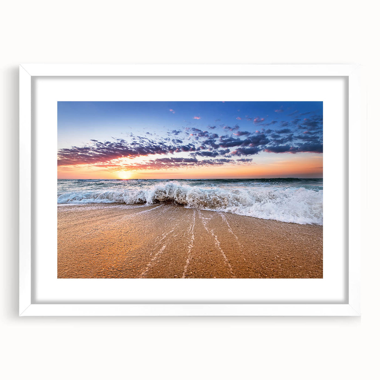 Textured abstract art print of Caribbean Saint Lucia scenery in muted blue and green shades, framed with a white mat.