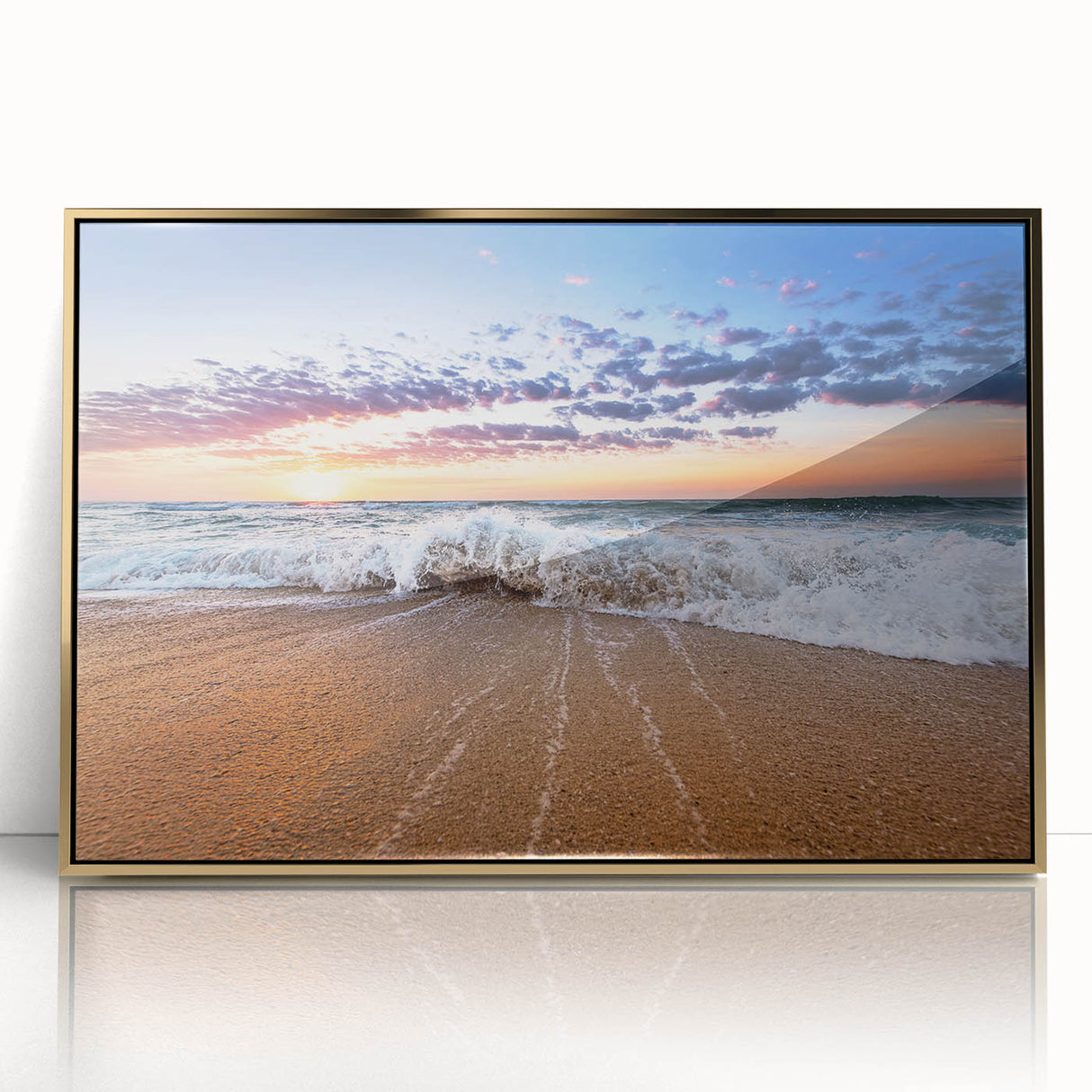 Large art print of a Caribbean scenery in Saint Lucia with vibrant blue and green tones, framed in gold acrylic.
