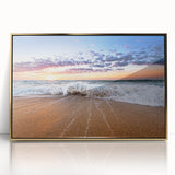 Large art print of a Caribbean scenery in Saint Lucia with vibrant blue and green tones, framed in gold acrylic.