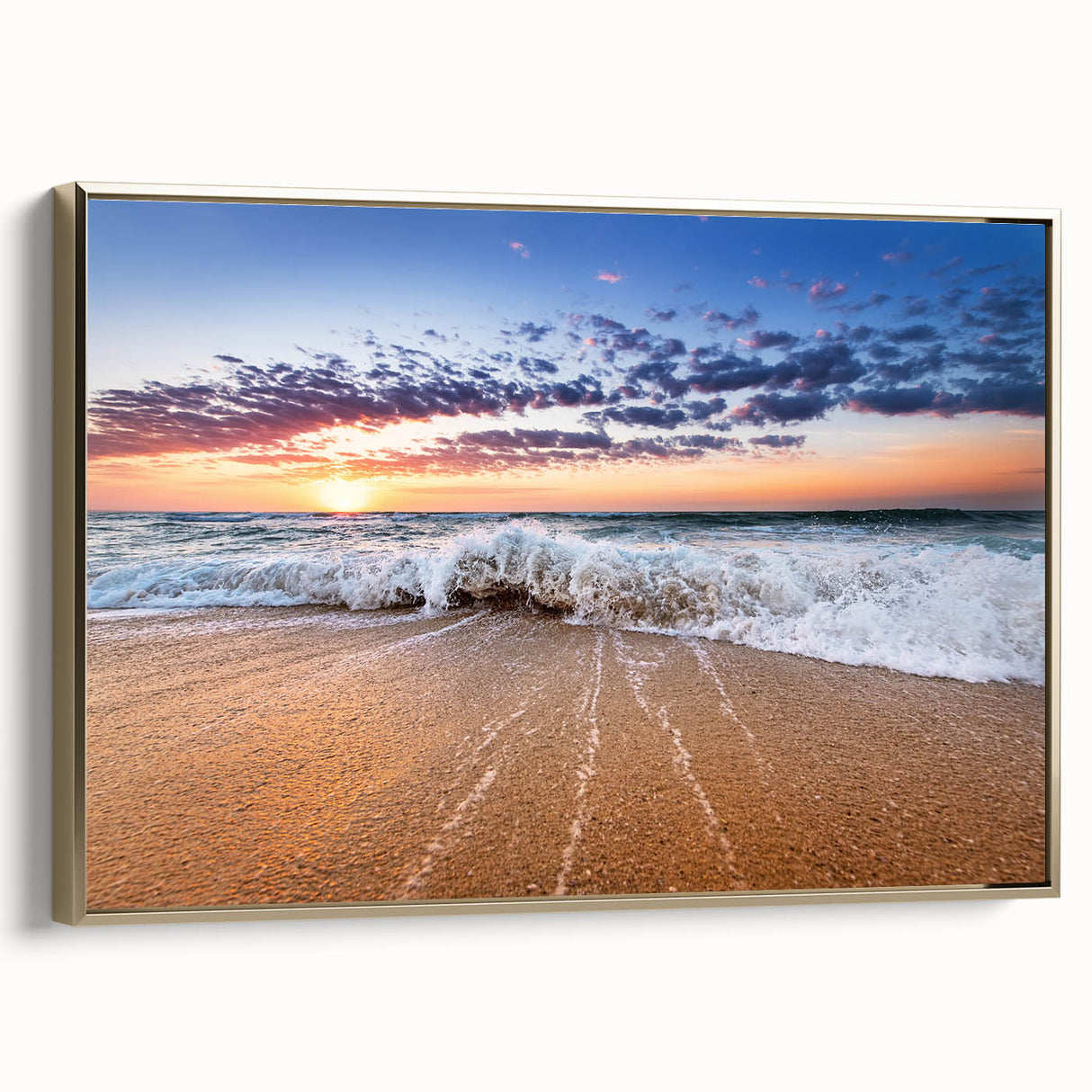 Framed canvas featuring a vintage-style landscape painting of Saint Lucia with lush greenery and ocean views.