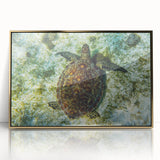 Art deco poster of Caribbean scenery with muted blues and greens on a framed acrylic, suitable for modern nursery wall art.