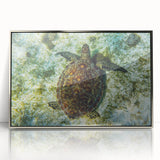 Large art print of a serene Caribbean beach scene in pastel shades on a silver-framed acrylic.