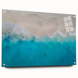 Large abstract wall art of a Caribbean scenery on acrylic glass, with vibrant blue and green tones.