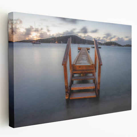 Stretched canvas print of the Caribbean Virgin Islands in vivid blue and green tones, suitable for kitchen wall art.