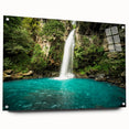 Acrylic glass print of a Costa Rican landscape with lush greenery and a mountain backdrop, suited for dining room decor.