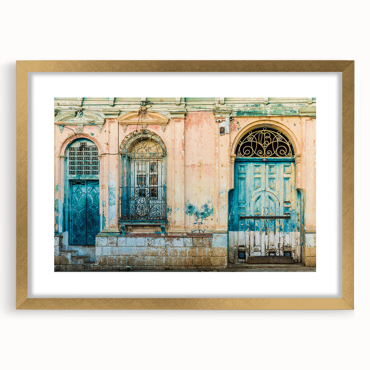 Extra large abstract art print of a Central American scenery in vibrant gold frame, ideal for living room decor.