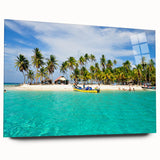 Acrylic print of a large abstract depiction of Central America in blue and green tones, ideal for bedroom or dining room art.