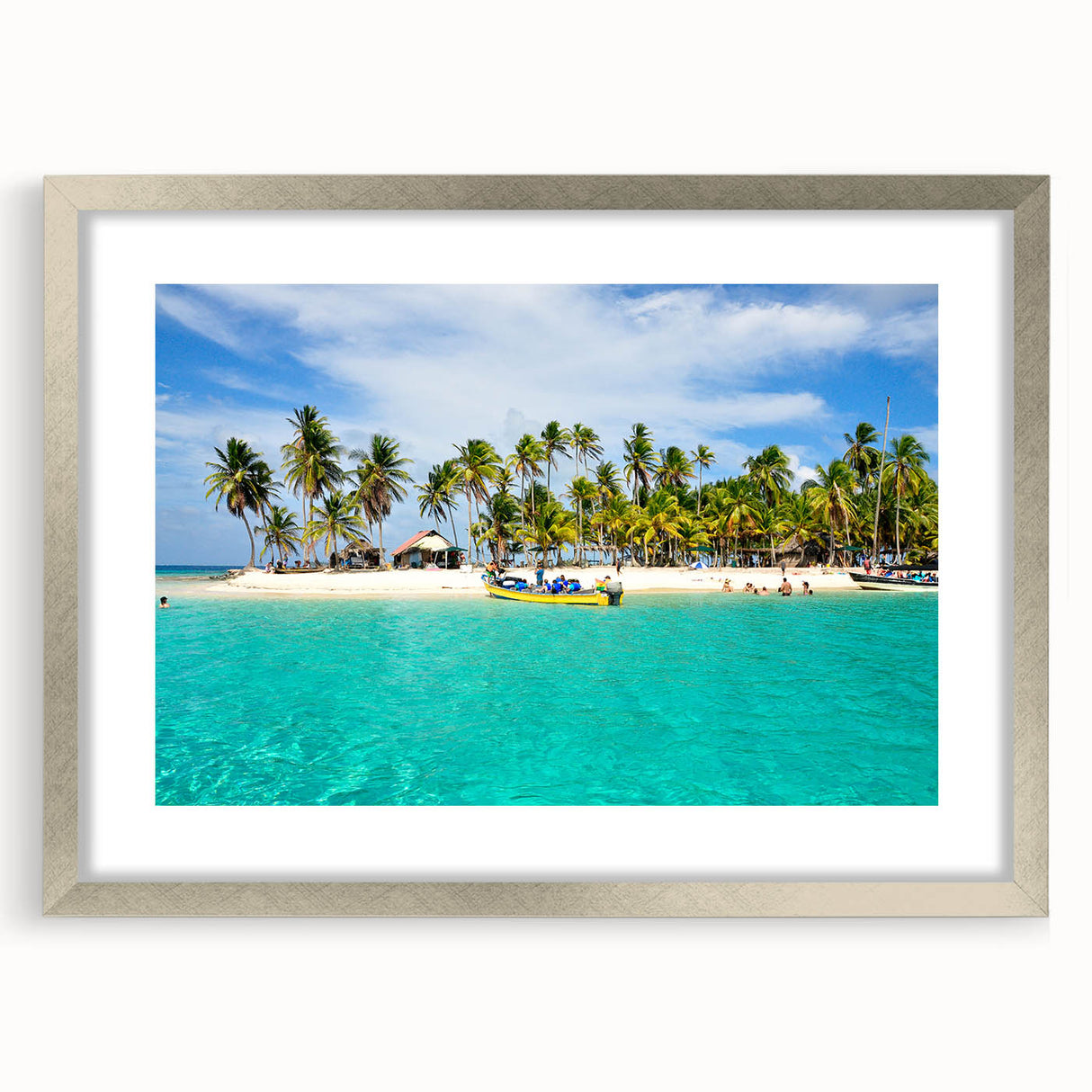 Textured abstract art print of Central American scenery in muted earth tones, framed in silver, ideal for bedroom decor.