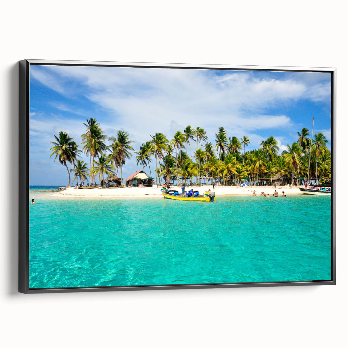 Black and white framed canvas featuring a vintage poster-style landscape of Central America, ideal for bedroom decor.