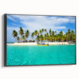 Black and white framed canvas featuring a vintage poster-style landscape of Central America, ideal for bedroom decor.