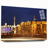 Large abstract wall art of Albanian scenery in muted earth tones on acrylic glass, ideal for bedroom or dining room decor.