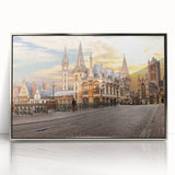 Large art print of a serene Belgian landscape in muted greens and blues, framed in silver acrylic.