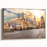 Framed canvas featuring a vintage-style landscape painting of a Belgian scenery in muted gold and black tones.