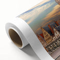 Art deco poster of a serene Belgian landscape in soft green and blue tones, rolled canvas, suitable for nursery wall art.