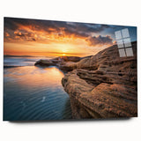 Large abstract wall art depicting a European scenery in muted blue and green tones on acrylic glass.