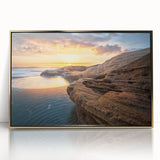 Art deco style poster depicting a scenic European landscape, with muted earth tones, framed in gold acrylic.