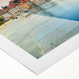 Art deco poster of a European Croatian landscape in muted earth tones on rolled canvas, suitable for dining room decor.