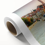 Art Deco poster of a Croatian landscape on rolled canvas, featuring muted earth tones.