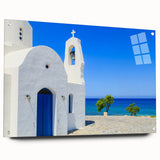 Acrylic print of a European Cyprus landscape in muted earth tones, suitable for dining room decor.