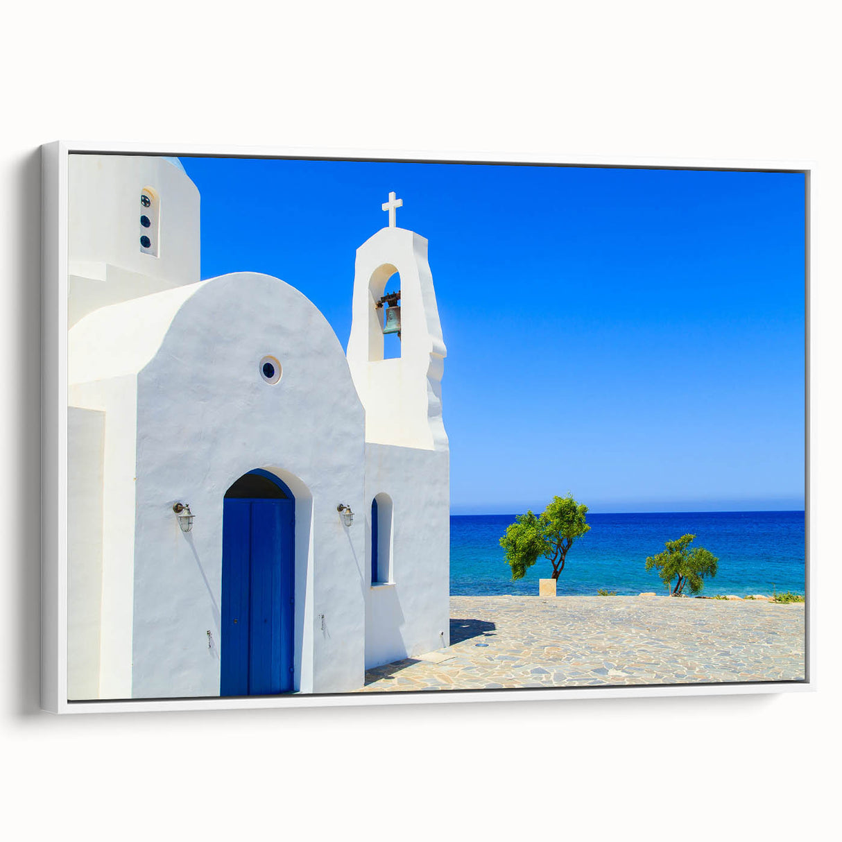 Vintage poster art of a European Cyprus landscape in vibrant colors on a large framed canvas, ideal for living room decor.