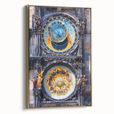 Framed canvas of Prague landscape in vintage poster style with muted gold and black tones, ideal for bedroom wall art.