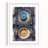Abstract art print of Prague skyline in muted blue and gray tones on a framed white canvas, ideal for dining room decor.