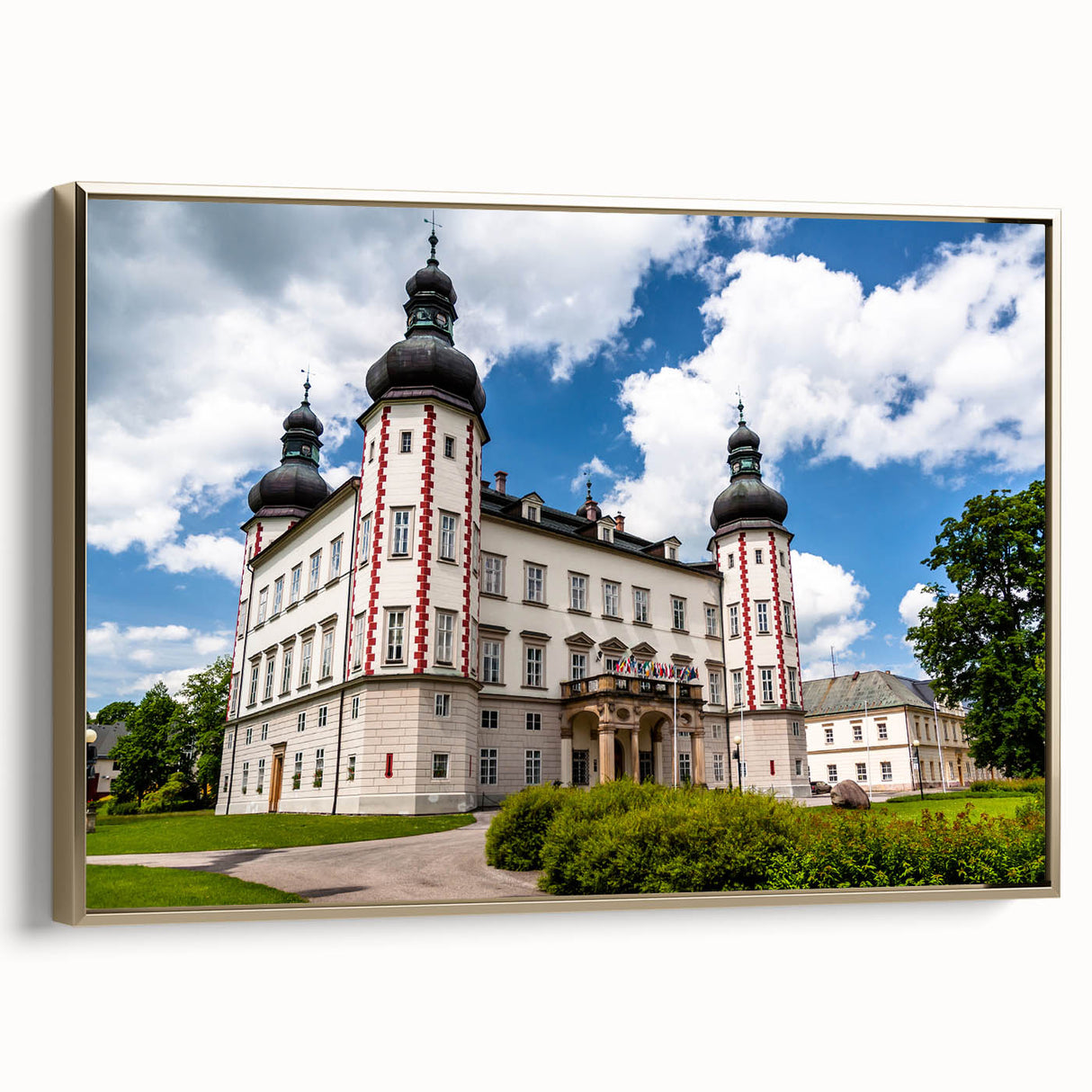 Framed canvas of a vintage-style Czech Republic landscape in black and gold tones, ideal for bedroom wall art.