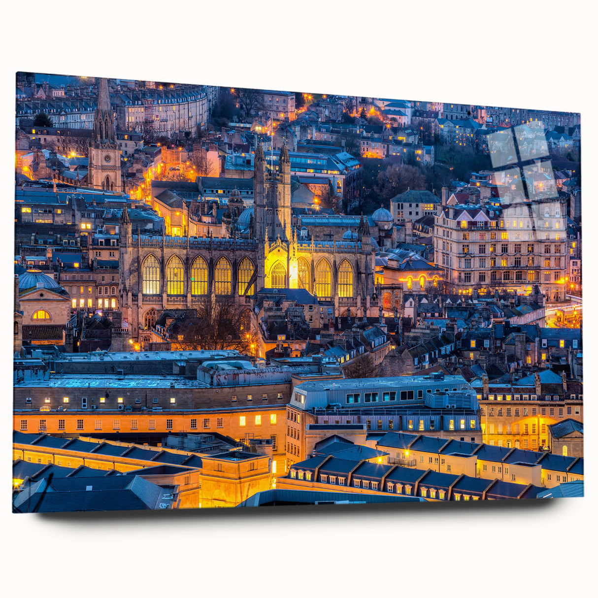 Large abstract wall art of the Bath, England skyline in muted earth tones on acrylic glass.