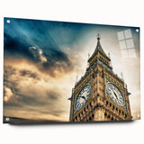 Acrylic print of Big Ben with muted gray and blue tones, suitable for dining room decor.