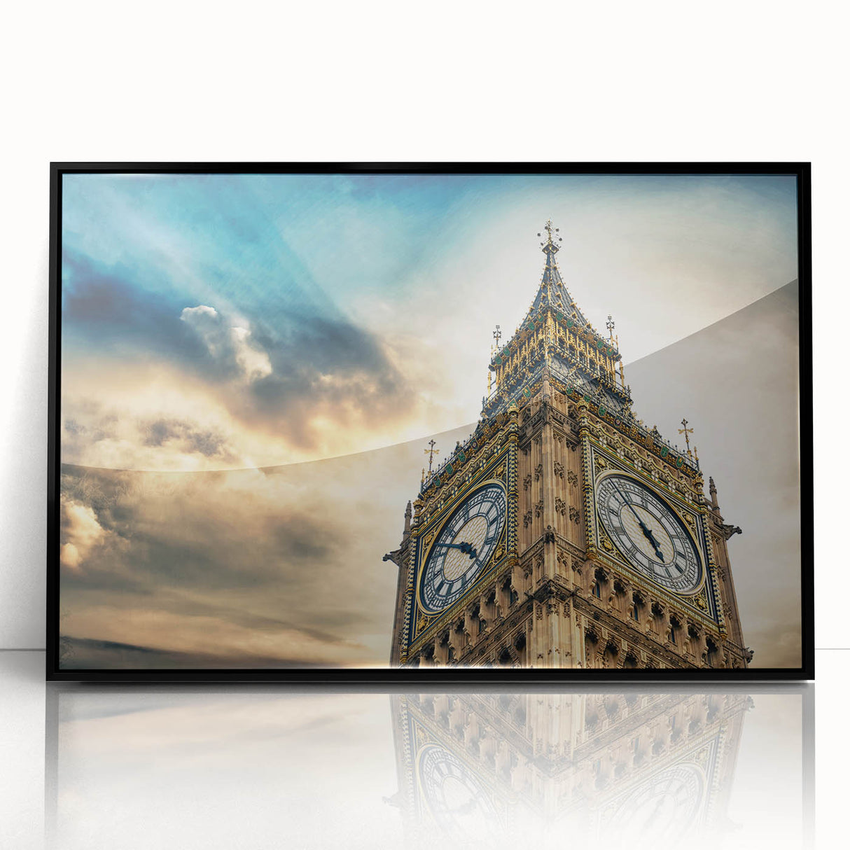 Large abstract wall art of Big Ben with a mid-century modernist style, in black and white tones, acrylic framed.