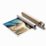 Extra large print of Big Ben with floral accents in muted pastel shades on a rolled canvas.