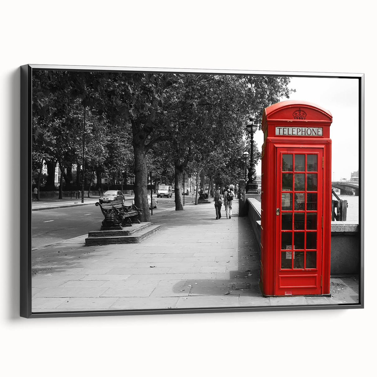 Black and white vintage poster art of the London skyline on framed canvas, ideal for bedroom wall decor.