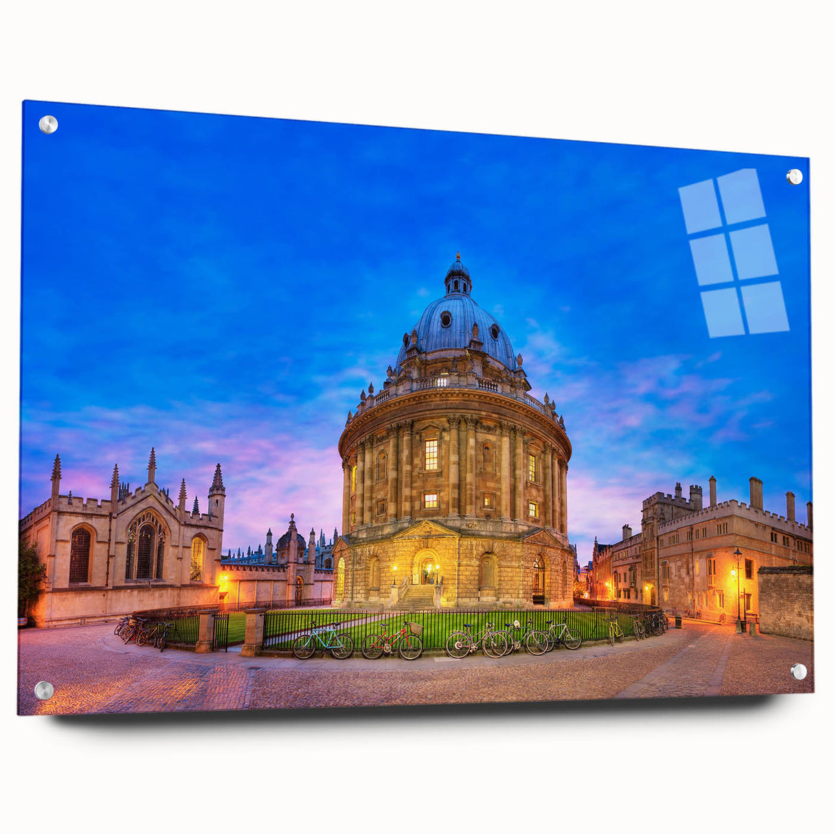 Acrylic print of Oxford scenery with sharp detail in muted earth tones, suitable for dining room decor.