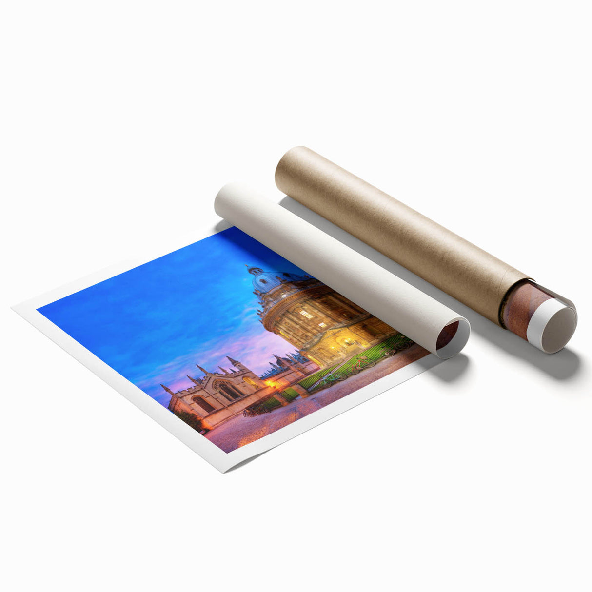 Extra large rolled print of Oxford, England with vibrant floral elements in pastel shades.