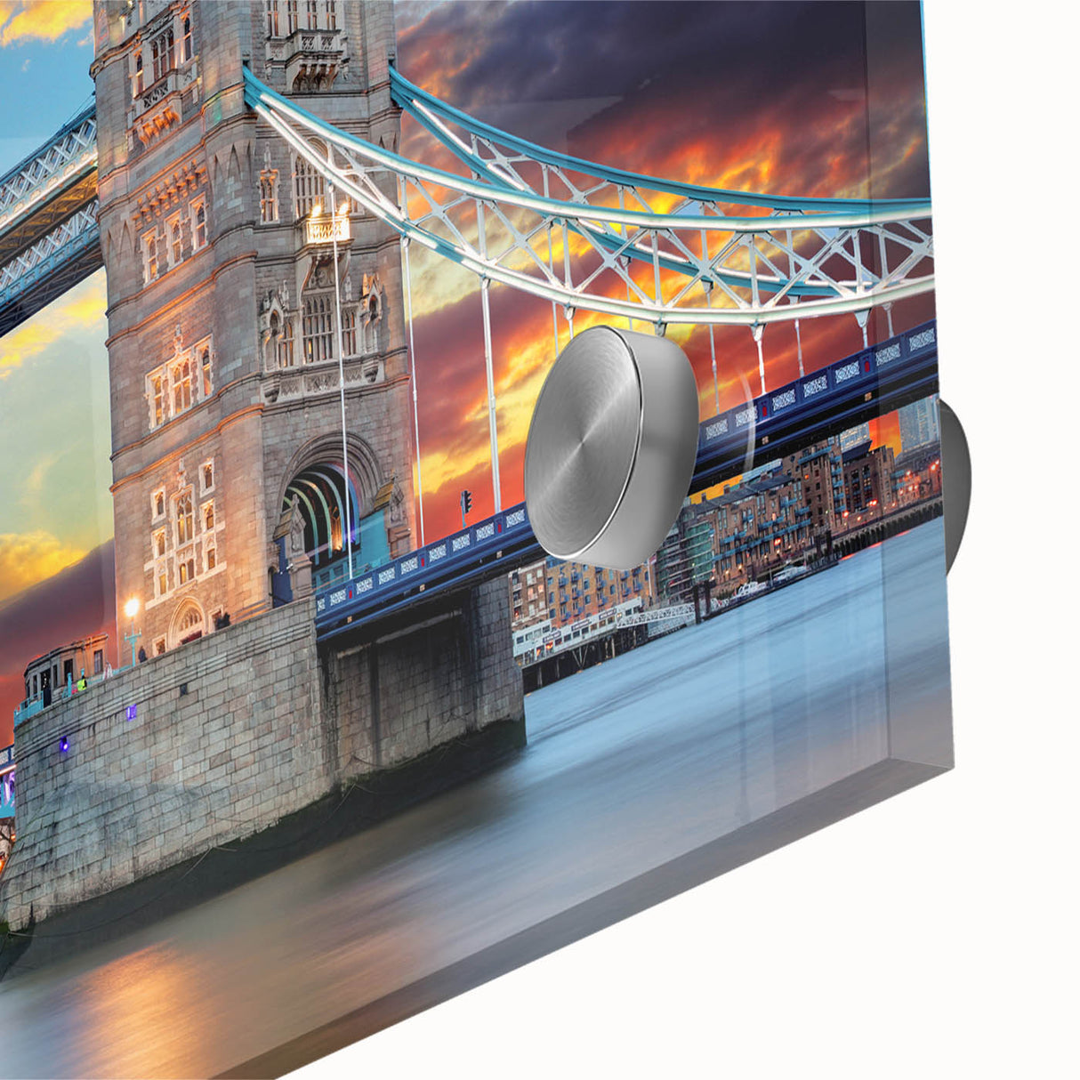 Acrylic print of the Thames River in muted blues and grays, ideal for dining room art in a mid-century modernist style.