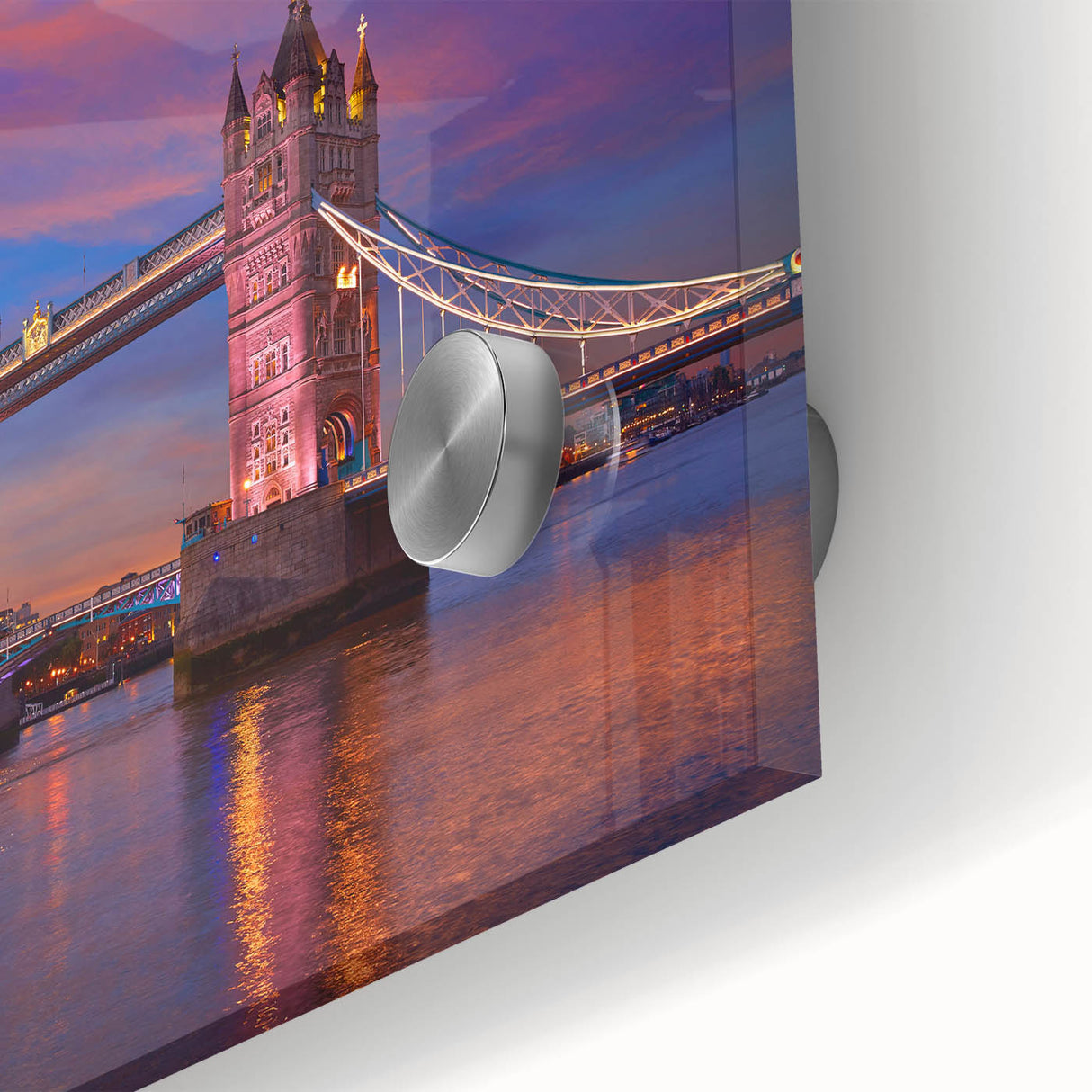 Mid-century modernist style Tower Bridge scene in muted blues and grays on large acrylic glass, ideal for dining room art.