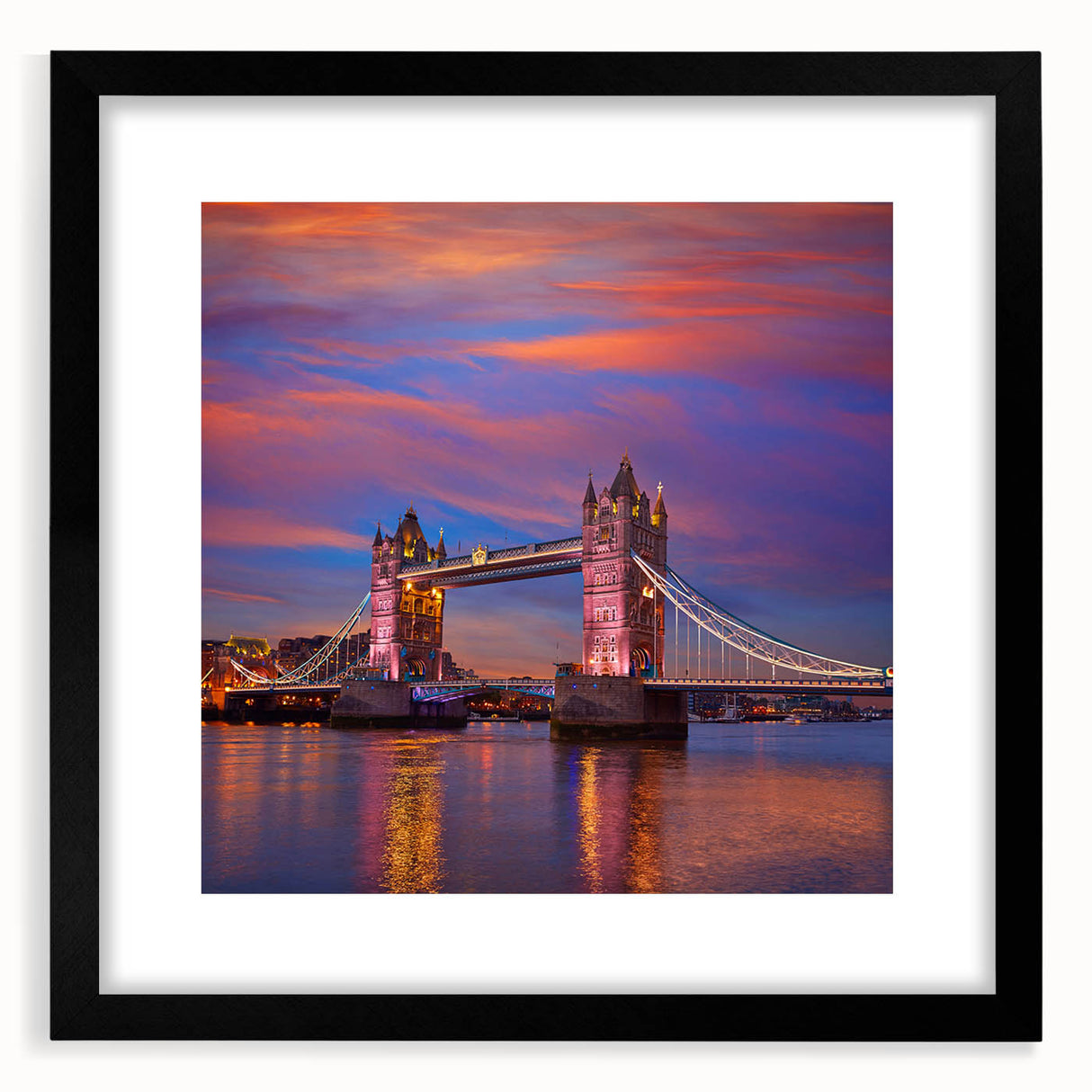 Extra large abstract art print of Tower Bridge in vibrant, colorful hues on a black framed canvas.