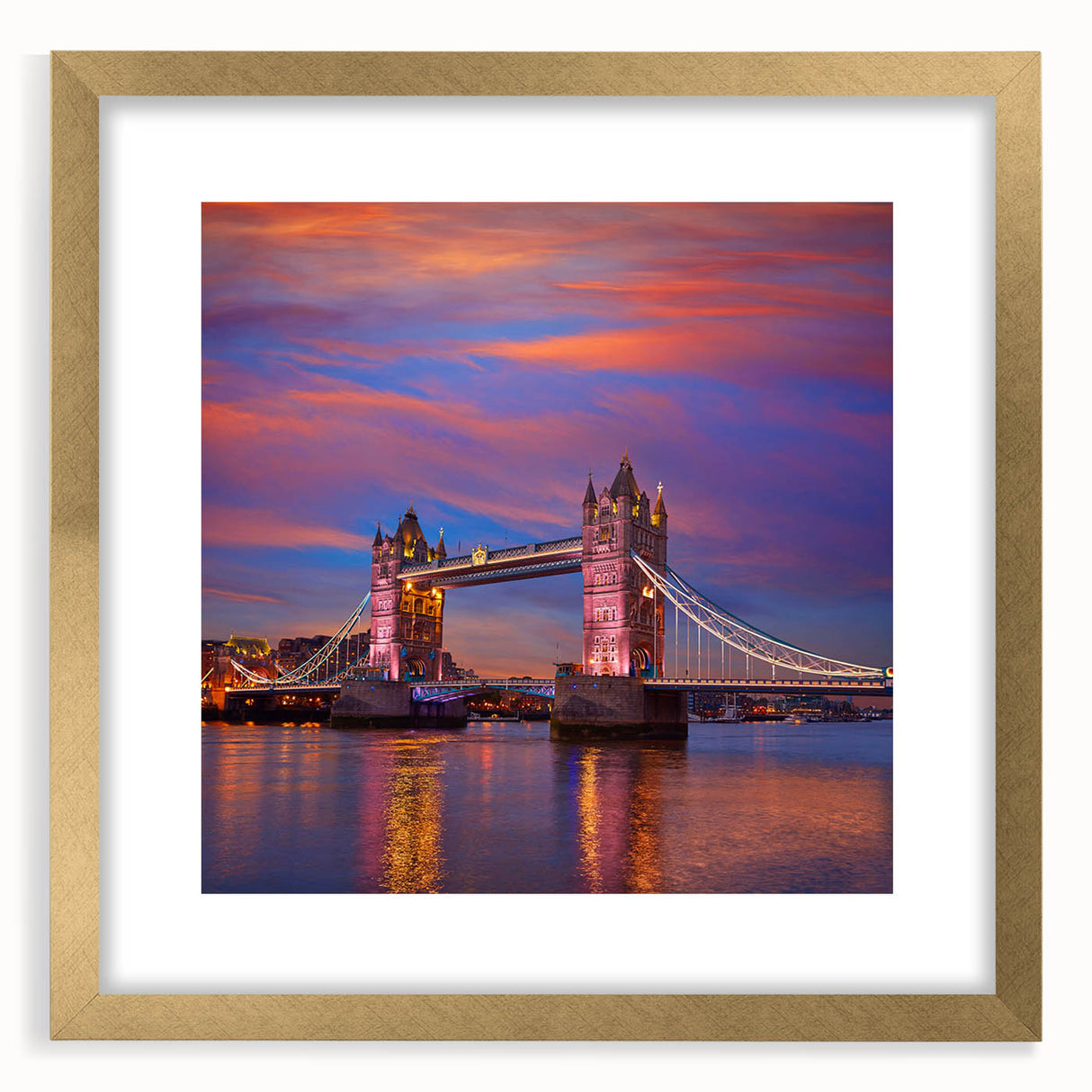 Abstract art print of Tower Bridge in muted gray and blue tones, framed with a gold mat, suitable for dining room decor.