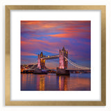 Abstract art print of Tower Bridge in muted gray and blue tones, framed with a gold mat, suitable for dining room decor.