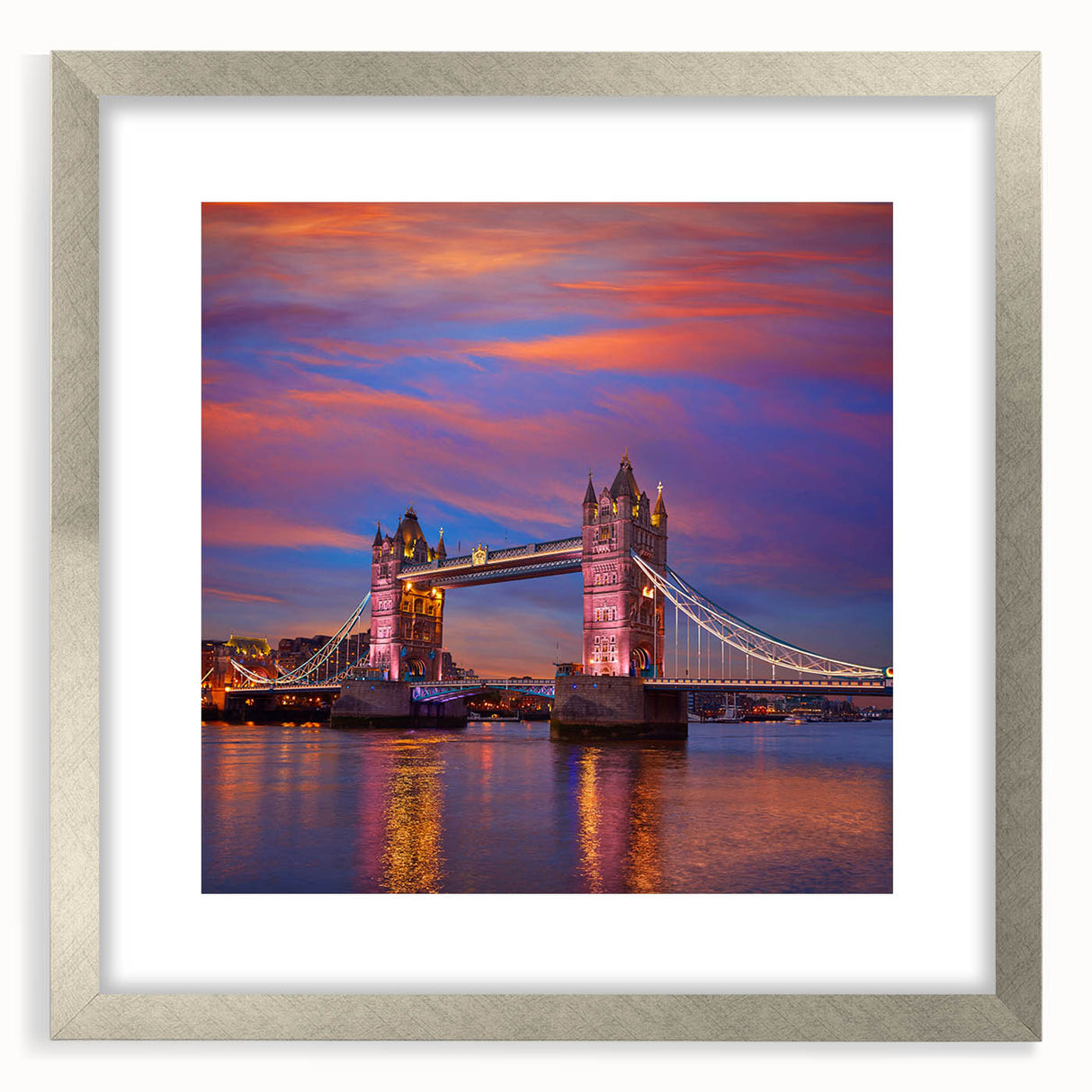 Extra large framed wall art of Tower Bridge, featuring textured abstract prints in muted tones, ideal for living room decor.