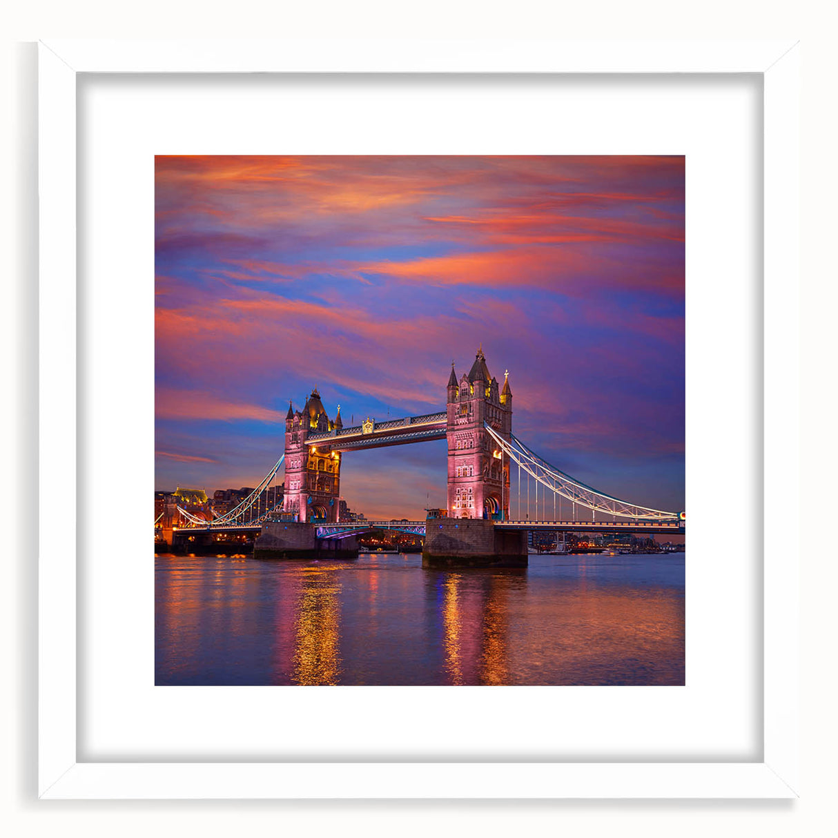 Textured art of Tower Bridge in muted gray and blue tones on a framed poster, ideal for bedroom wall decor.