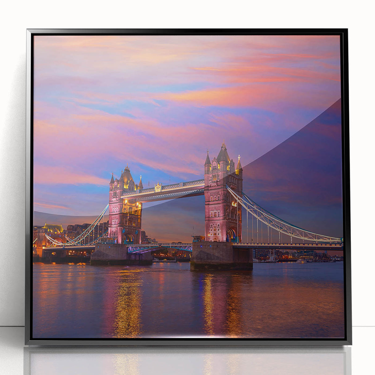 Large abstract wall art of Tower Bridge with muted gray and blue tones on a framed acrylic.