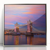 Large art print of Tower Bridge with muted gray and blue tones on framed acrylic, ideal for modern art wall decor.