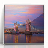 Mid-century modernist art of Tower Bridge with muted blue and gray tones on framed acrylic, ideal for modern art wall decor.