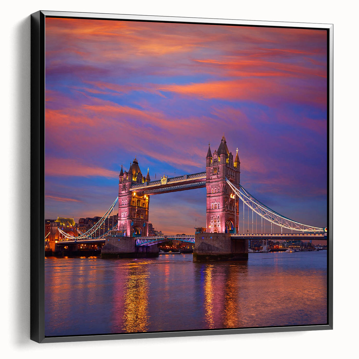 Black and white framed canvas of the Tower Bridge in London, ideal for bedroom wall decor.